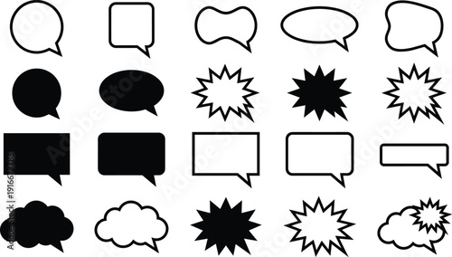 Black and white vector speech bubbles set including comic book shout clouds thought bubbles and rounded rectangle frames for communication icons and dialogue design elements