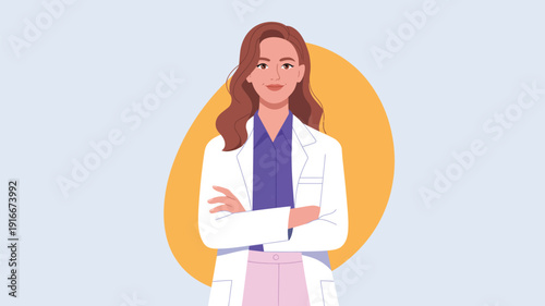 Confident Female Doctor With Arms Crossed Professional Healthcare Worker Flat Vector Illustration Medical Career Concept