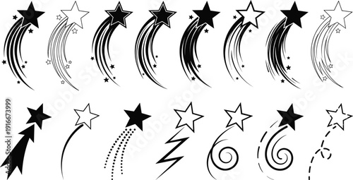 Large Collection of Shooting Star Vector Icons Featuring Minimalist Falling Stars Comets With Motion Trails Sparkles Meteor Showers and Decorative Celestial Elements for Graphic Design