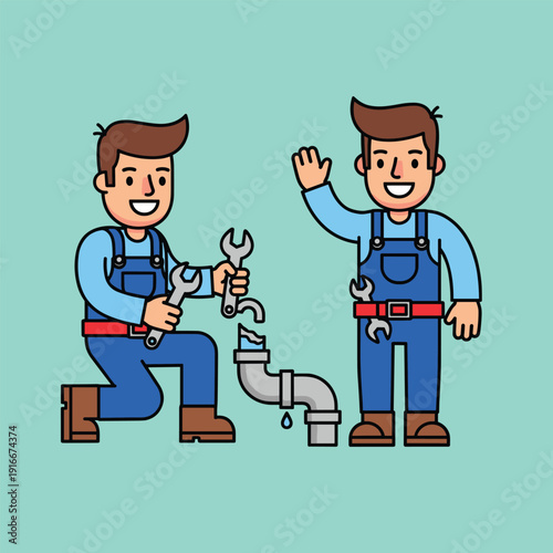 Two Cartoon Plumbers Working on Pipe.