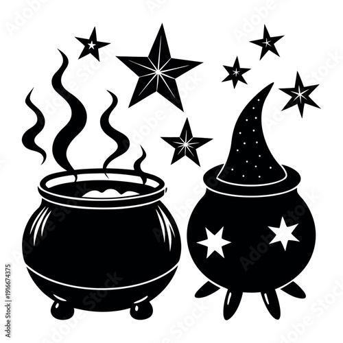 Black and White Vector Graphic of Witch's Cauldron and Hat with Stars and Smoke on white background