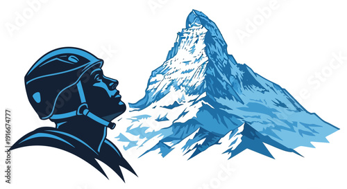 Silhouette of a climber looking up at a majestic mountain peak.