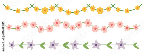 Hand drawn floral dividers set with colorful spring flower garlands. Springtime and Easter flower separators design elements vector illustration