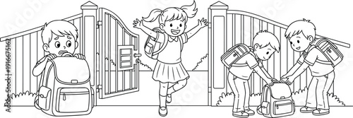 Cheerful Little Students Entering School Gates and Helping Friends with Backpacks in Black and White Outline Vector Illustration for Kids Coloring Book