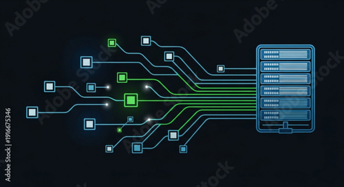 Network connection diagram with glowing green lines and blue server on black background representing data transfer and communication technology