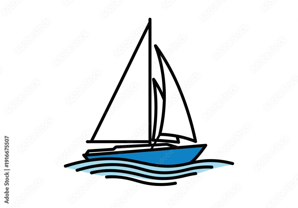 Fototapeta premium Simple Blue Sailboat Illustration on Water.