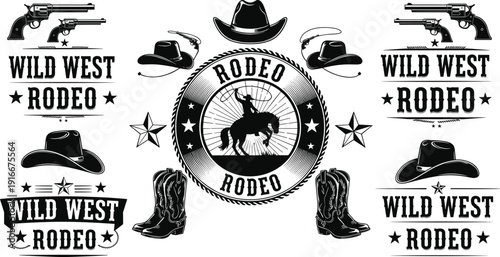 Wild West rodeo collage, cowboy hats, revolvers, boots, bucking horse rider emblem, stars, vintage Western culture illustration design concept