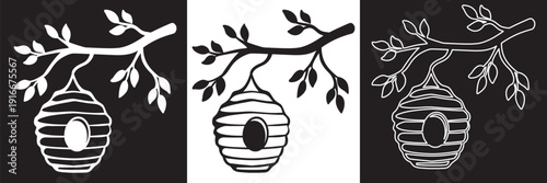Beehive Hanging on Tree Branch vector Silhouette  illustration, bee House line act 