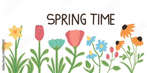 Spring time greeting card with colorful hand drawn flower garden. Colorful spring flower collection. Perfect for Easter or greeting cards