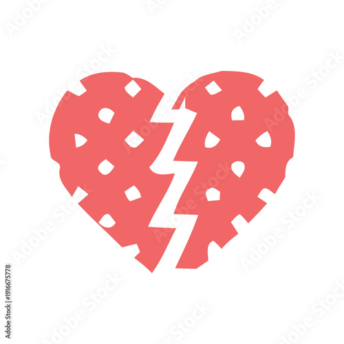 Stylized vector icon of a broken heart, symbolizing lost love, heartbreak, and emotional pain, with a jagged crack and textured surface, perfect for various design projects
