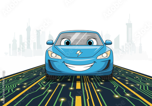 Happy Blue Electric Car Driving on Futuristic Road.