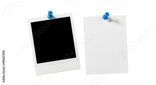 Blank Photo Frame and Paper Pinned with Blue Pushpins for Customizable Memories and Notes