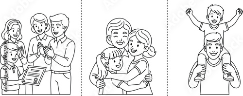 Black and White Coloring Page Set of Happy Children Celebrating Summer Break School Graduation Family Activities Studying at Desks and Outdoor Play Illustration
