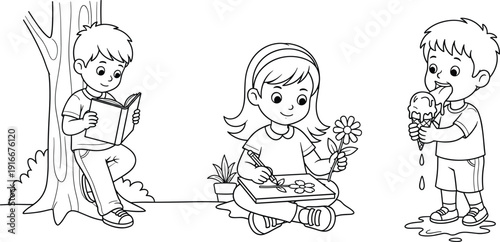 Black and White Coloring Page Set of Children Studying at Desks Families Walking to School Kids Playing Outdoors and Celebrating Summer Break Illustration