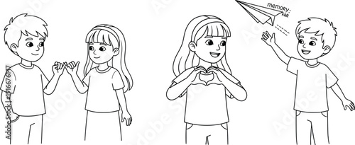 Black and White Coloring Page Set of Children Studying at Desks Families Walking to School Kids Playing Outdoors and Celebrating Summer Break Illustration