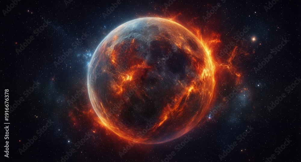 Fototapeta premium fiery planet engulfed in flames with vibrant cosmic nebula background.