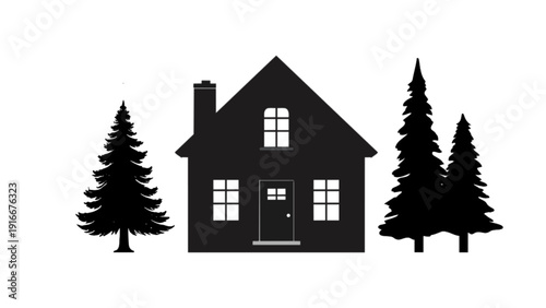 Simple House Silhouette with Pine Trees Landscape