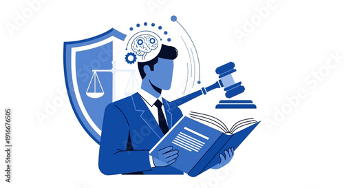 Lawyer reading book with gavel and scales of justice.