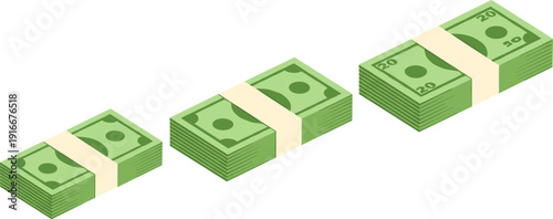 Horizontal set of three isometric green cash stacks with twenty dollar denominations in flat vector style