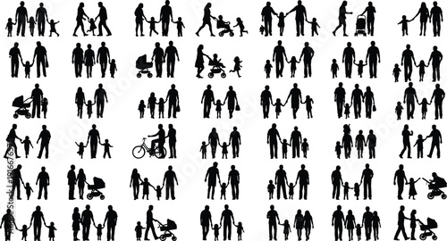 Vector illustration of family silhouettes with adults, children, strollers, bicycles symbolizing caregiving, culture, education, inclusivity, and social values