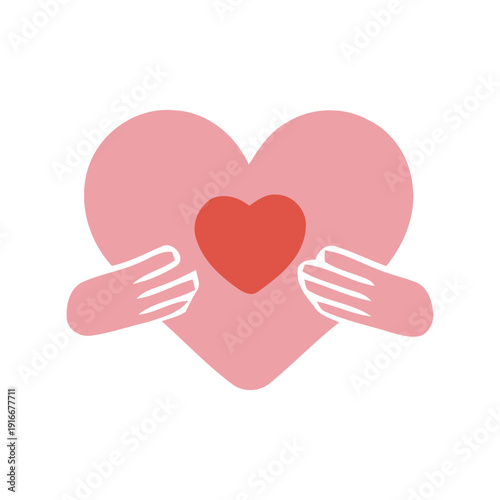 A compassionate gesture simple graphic illustration of hands gently embracing a stylized heart, symbolizing love, care, support, empathy, and emotional connection