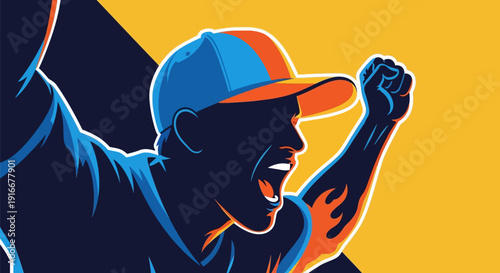 Excited Man Wearing Baseball Cap Celebrating Victory.