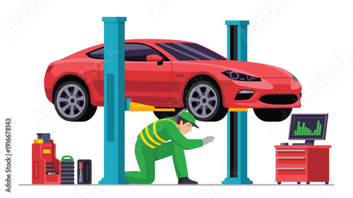 Car Repair Service With Mechanic Fixing Vehicle On Hydraulic Lift Auto Maintenance Flat Vector Illustration Workshop Concept