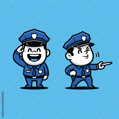 Cartoon Police Officers Saluting and Directing.