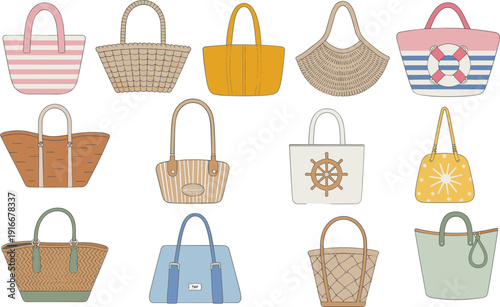 Stylish women tote bags and summer handbags collection isolated on white background, featuring straw, striped, nautical and casual fashion designs
