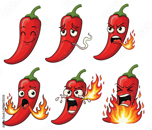 Icon set of cartoon illustrations of red chili pepper characters with various facial expressions and fire effects coming out of the characters' mouths. Depicting levels of spiciness.