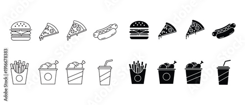 Various fast food icons including burgers hot dogs pizza fries and drinks in black and white line art  simple illustrations