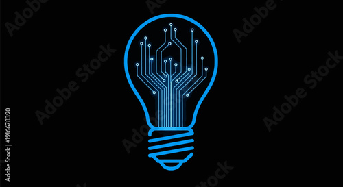 Glowing Blue Circuit Board Light Bulb Idea Symbol.