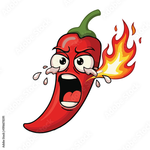 A chili pepper character illustration with a spicy expression. A fire effect appears from its mouth, depicting the maximum level of spiciness. Made with vector.