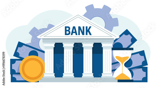 Bank Building With Coins Hourglass And Financial Elements Investment Banking Flat Vector Illustration Concept