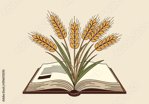 Open Book With Wheat Stalks Growing Out Symbolizing Knowledge.