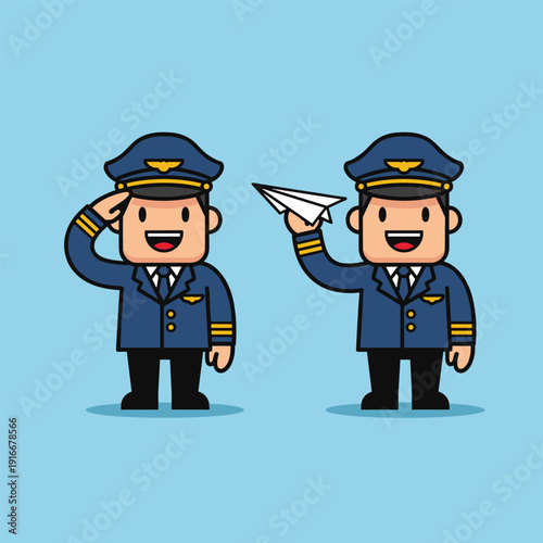 Cartoon Pilots in Uniform Saluting and Flying Paper Plane.