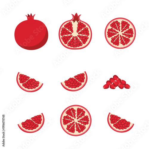 Pomegranate Set – Whole, Half, Sliced, Wedges, and Seeds Flat Vector Illustration