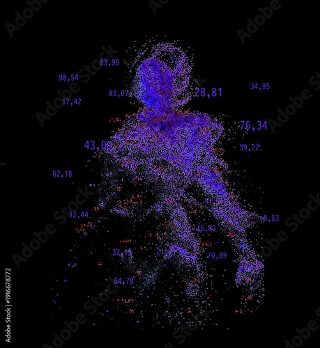 Vibrant neon cyberpunk particle swarm forming a glowing human head silhouette in purple, blue, and red dot clusters with scattered numerical values on black background. 