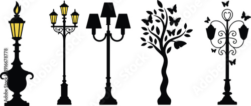 Vintage Street Lamp and Decorative Tree Silhouette Set Featuring Classic Lantern Posts, Butterflies and Ornamental Garden Lighting Isolated on White Background