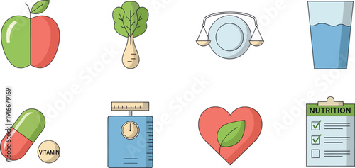 Vibrant Flat Design Nutrition and Healthy Eating Icons Set including Fruits, Vegetables, Vitamins, Hydration, and Diet Planning