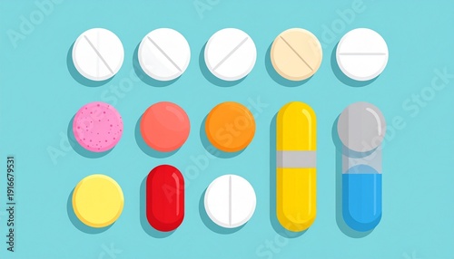 Variety of pills and capsules on light blue background