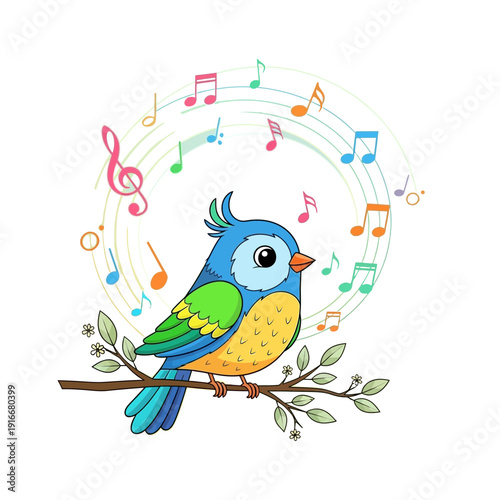 A Colorful Bird Sings Beautiful Melodies on a Branch Surrounded by Musical Notes