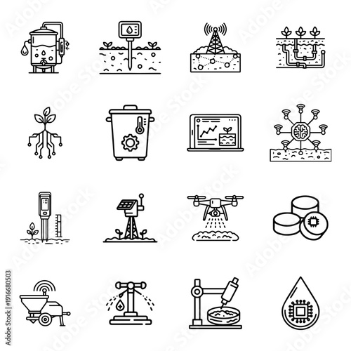 Advanced Nutrient Management and Soil Monitoring Icon Set featuring Smart Fertilizer Reservoirs, Solar Powered Sensors, and AI Soil Analysis Vector Collection
