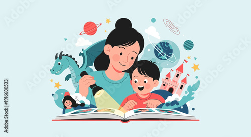 Mother and child sharing a magical storybook adventure filled with dragons and castles, illuminated by a flashlight.