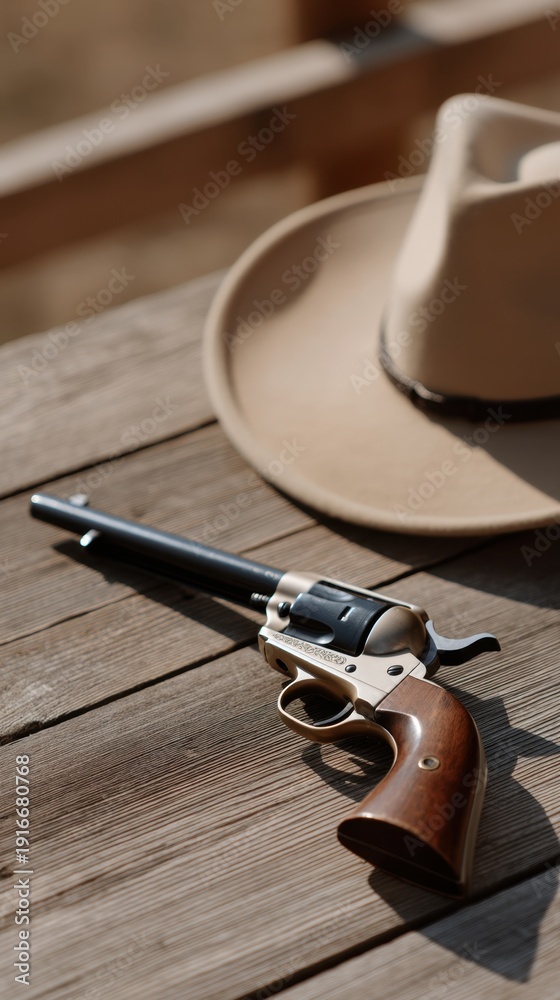 Obraz premium Vintage Revolver Resting on Wooden Table Beside a Wide Brim Hat in Natural Light