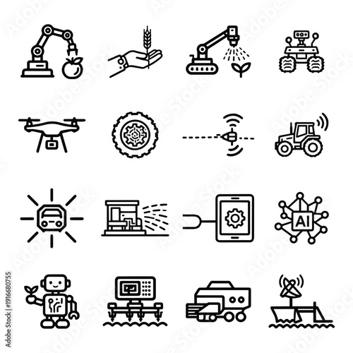 AI Farming Technology & Smart Machinery Icon Set featuring Precision Sprayers, Autonomous Vehicles, Robotic Arm Harvesters, and Satellite Farm Monitoring Vector Collection
