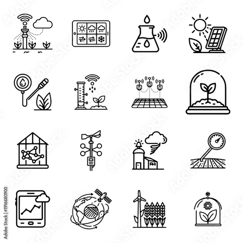 Smart Weather Farming and Climate Data Icon Set featuring Satellite Weather Integration, Wind Speed Sensors, Solar Agriculture, and Lab Testing Vector Collection
