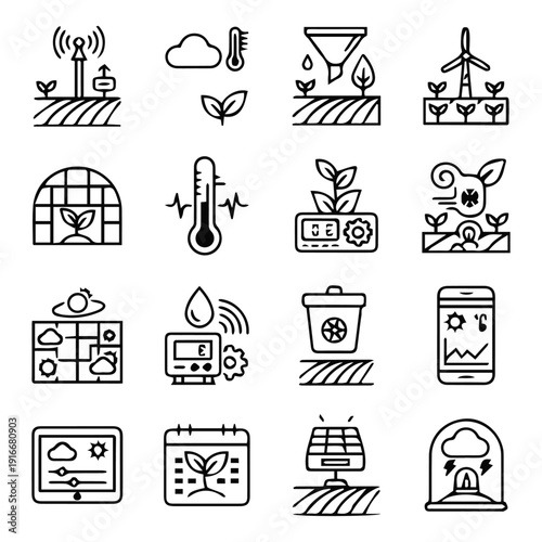 Climate Monitoring and Smart Weather Farming Bold Line Icon Set featuring Environmental Sensor Stations, Temperature Tracking, and Frost Protection Vector Collection