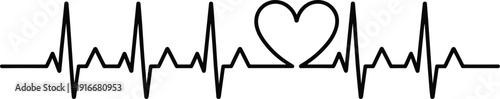 Stylized black continuous line drawing of a healthy ECG heartbeat rhythm, featuring a central heart shape integrated into the pulse wave, representing life, love, and medical wellness.