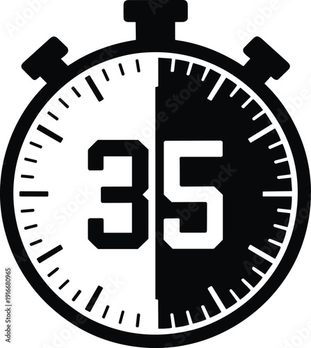 Precise black and white vector stopwatch icon showing the number 35, ideal for illustrating time limits, countdowns, and critical deadlines in digital applications and sports.